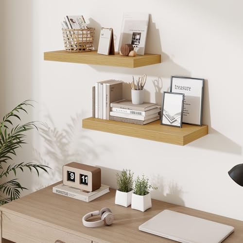 Fun Memories 24 x 10 Floating Shelves Wall-Mounted - Rustic Wood Shelf - 10 Inch Deep Floating Shelves for Wall - Large Storage Shelf for Bathroom - Kitchen & Bedroom - Oak - Set of 3 - color: Natural Oak, size: 24W x 10D x 1.5H