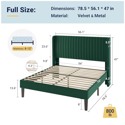 Allewie Full Size Bed Frame/Velvet Upholstered Platform Bed/Vertical Channel Tufted Wingback Headboard/Strong Wooden Slats/No Box Spring Needed/Easy Assembly/Green - color: Green, size: Full