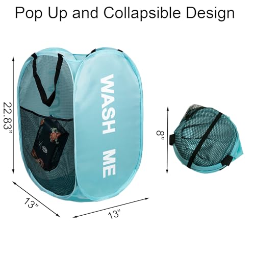 Mesh Pop Up Laundry Hamper with Handles, Collapsible Laundry Basket Side Pocket Dirty Clothes Hamper (Sky Blue) - color: Sky Blue