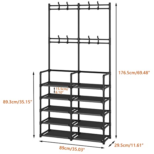 Laiensia 5-Tier Entryway Coat Rack, Coat and Shoe Rack, Entryway Bench Storage Organizer with 8 Hooks for Bedroom, Hallway, Office, Black - color: Black