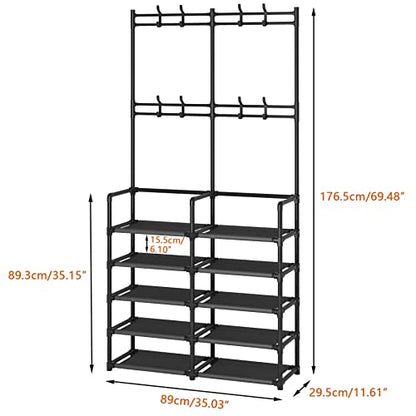 Laiensia 5-Tier Entryway Coat Rack, Coat and Shoe Rack, Entryway Bench Storage Organizer with 8 Hooks for Bedroom, Hallway, Office, Black - color: Black