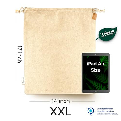 Reusable Produce Storage Bags - XX-Large 19x23 3 Pack - Breathable Muslin Fabric Sacks with Drawstrings – Dust-Proof Travel Cotton Bags for Laundry, Clothes, Purses - size: XX-Large 19x23"(3pack)