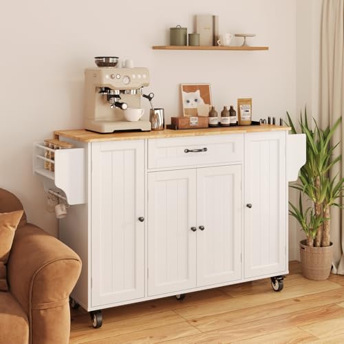 47.6" Kitchen Island with Storage, Drop Leaf, Knife Holder, White | Kitchen Island on Wheels with Door Cabinet, Drawer, Spice Rack, Towel Rack, and Knife Holder for Kitchen Storage - size: 47.6 Inch-White