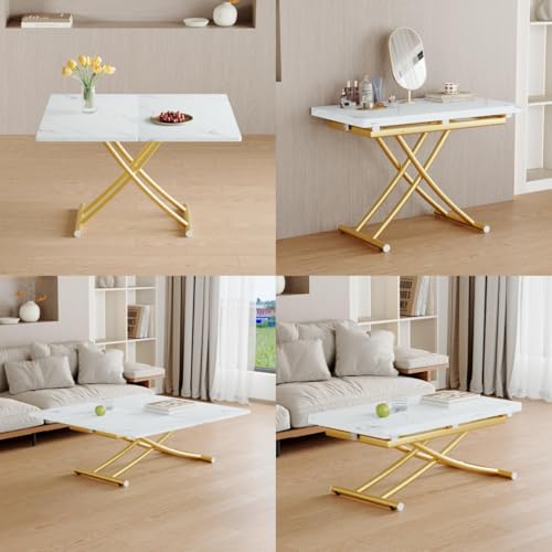 Liftable Folding Dining Table for 4, Adjustable Drop Leaf Table, Folding Coffee Table for Small Spaces, Scratch-Resistant Wood Top with Metal Frame for Apartment Kitchen Living Room - color: White-gold