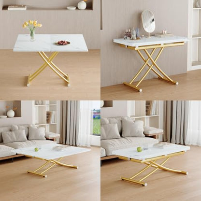 Liftable Folding Dining Table for 4, Adjustable Drop Leaf Table, Folding Coffee Table for Small Spaces, Scratch-Resistant Wood Top with Metal Frame for Apartment Kitchen Living Room - color: White-gold