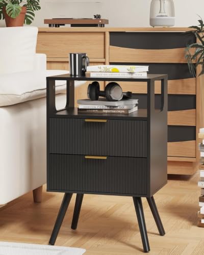 Leomonio Black Nightstand,Modern Bedside Table with 2 Storage Drawer and Open Wood Shelf, for Bedroom and Small Spaces,Night Stand with Solid Wood Legs - color: Black