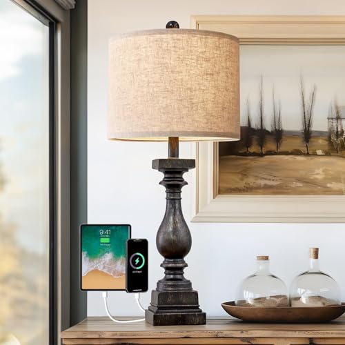 BOBOMOMO Retro 27" USB Charging Ports A/C Farmhouse Single Lamps for Bedrooms Retro Side Table Lamps Bedside Lamp for Side Nightstand Living Room 1 Pack (Blubs not Included) - color: Vintage Black