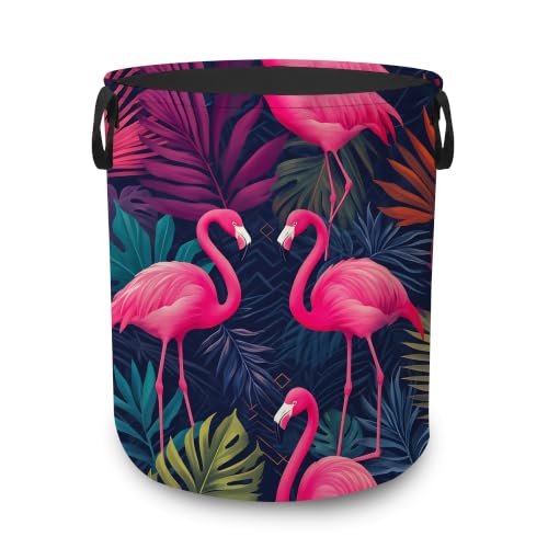 Pink Flamingo Collapsible Laundry Hamper,Tropical Palm Leaves Waterproof Oxford Cloth Clothes Basket with Handles for Bathroom Bedroom Nursery Dorm Room,16" x 20" - color: Pink Flamingo,Tropical Palm Leaves