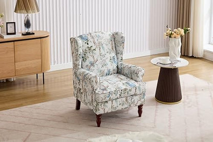 GDFStudio Modern Wingback Accent Chair with Solid Wood Legs and Cushion, Comfy Upholstered Floral Pattern Armchair, Retro Leisure Single Sofa Chair for Living Room Bedroom Home, Antique Blue 1 - color: Antique Blue 1