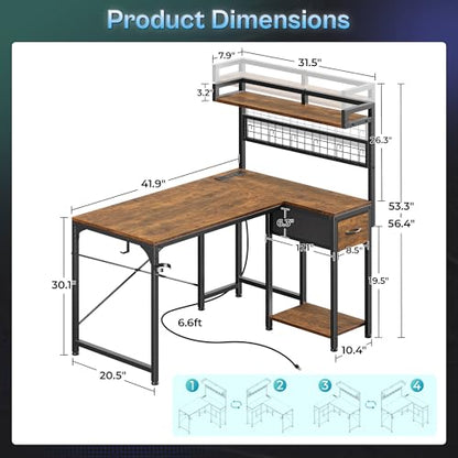 L Shaped Gaming Desk with Shelves, Corner Computer Table with LED Lights, Power Outlets and USB-C Ports, 42 Inch Reversible Home Office Desk with Storage Drawer, Work and Study, Rustic Brown