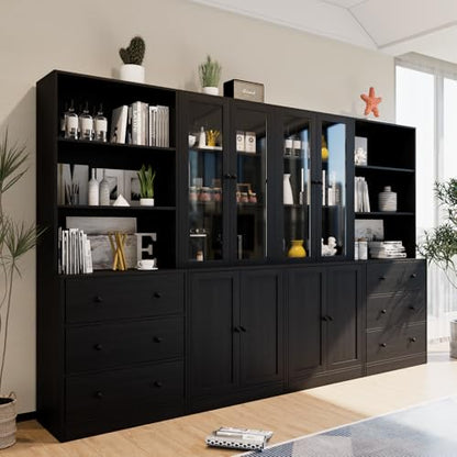 TUSY 71" H Bookshelf with Storage, 6-Tier Modern Bookshelves with 3 Large Drawer, Display Bookcase with Glass Doors, Modern 5-Tier Curio Cabinet for Home Office, Dining Room (Black, ABBA) - color: Black