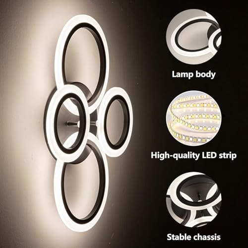Shine LUEST 34W Modern LED Ceiling Light, 3000K-6000K Dimmable Ceiling Lighting Fixtures Ceiling Mount 4 Rings Black LED Chandelier Bedroom Lights Flush Mount with Remote for Kitchen, 2720LM - color: Black, 4 Rings