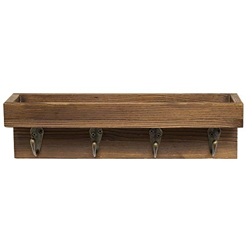 MyGift 10 Inch Brown Wood Wall Mounted Floating Shelf Key Rack with 4 Hooks | Four Metal Hooks, Space Saving Storage, Entryway Organization, Rustic Accent, Keys Mail Accessories Display - color: Dark Brown