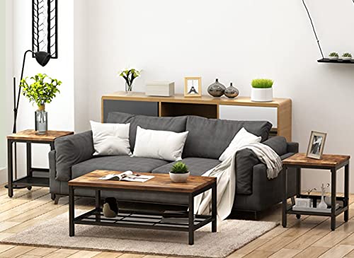 3 Pieces Living Room Table Set, Industrial Coffee Table with 2 Square End Side Tables, Coffee Table Set with Metal Frame for Apartment Home Office, Rustic Brown - color: Rustic Brown
