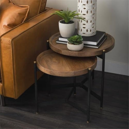 Pemberly Row Nesting Side Tables, 22.5Lx22.5Wx20.8H, Mango Wood Tray Tops, Foldable Black Metal Frames with Gold Accents, Compact Storage, Versatile Accent Tables for Living Room or Bedroom Use