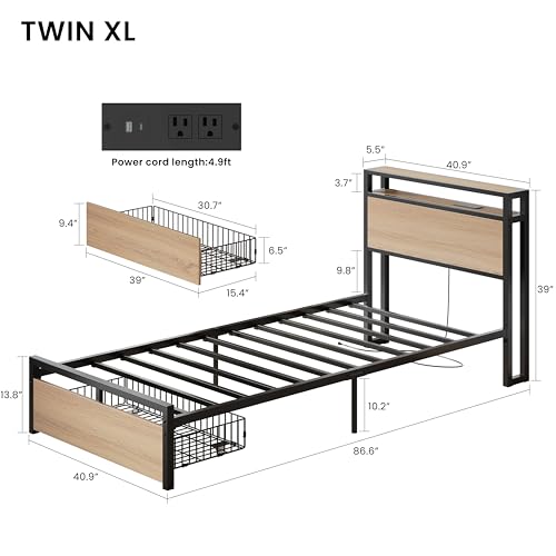LIKIMIO Twin XL Bed Frames with Drawer and Charging Station, Wood Color | 2-Tier Storage Headboard with Metal Construction Frame, No Box Spring Needed, Fits Small Bedroom or Guest Room. - color: Wood Color, size: Twin XL
