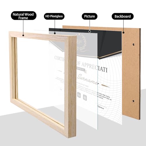 8.5x11 Picture Frame Natural, Solid Wood Diploma Frames with Acrylic Plexiglass for Pictures, Certificate Degree Document Frame Tabletop and Wall Mounting Display, Set of 4 - color: Natural, size: 8.5x11