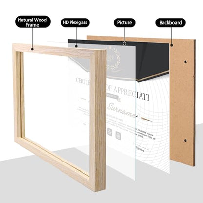 8.5x11 Picture Frame Natural, Solid Wood Diploma Frames with Acrylic Plexiglass for Pictures, Certificate Degree Document Frame Tabletop and Wall Mounting Display, Set of 4 - color: Natural, size: 8.5x11