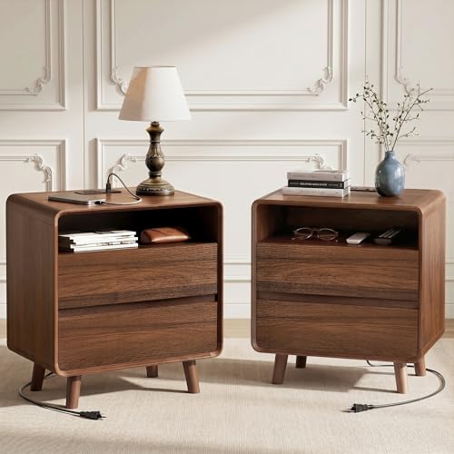 Nasonet Mid Century Modern Nightstand with Charging Station, Wood Bedroom End Tables Set of 2 Nightstands with Drawers, Bedside Table for Living Room, Curved Profile Design, Walnut - color: Walnut, size: 2 Drawers