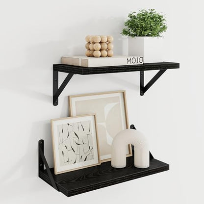 Dreamland Wall Mounted Floating Shelves Set of 2, 16x8, Black | Engineered Wood, Visible Bracket, Large Storage, Hold Up to 30lbs, Living Room, Bathroom, Bedroom, Kitchen - color: Black, size: 16"W x 8"D