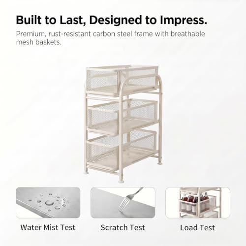 3 Tier Under Sink Organizer, Pull Out Cabinet Storage Organizer with Sliding Mesh Drawers, Heavy Duty Metal Under Sink Storage for Kitchen, Bathroom, Cabinet, Small Space, White, 1 Pack