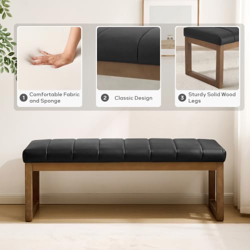 52.7" Bedroom Bench for End of Bed, Faux Leather Entryway Bench (Black-PU) | Modern Upholstered Dining Bench & Footrest Stool Bench with Solid Wood Frame for Bedroom, Living Room - color: Black-pu