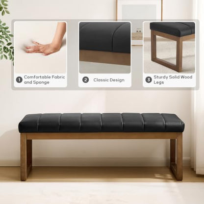 52.7" Bedroom Bench for End of Bed, Faux Leather Entryway Bench (Black-PU) | Modern Upholstered Dining Bench & Footrest Stool Bench with Solid Wood Frame for Bedroom, Living Room - color: Black-pu