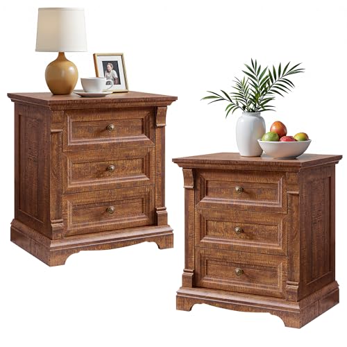 Farmhouse Nightstand Set of 2, 23.6"W Wood End Table With Charging Station | 26" Tall Side Table w/Roman Column, End Tables Living Room Set of 2, Bedside Cabinet for Bedroom, Reclaimed Barnwood - color: Reclaimed Barnwood, size: 23.6"W x 15.7"D x 26"H