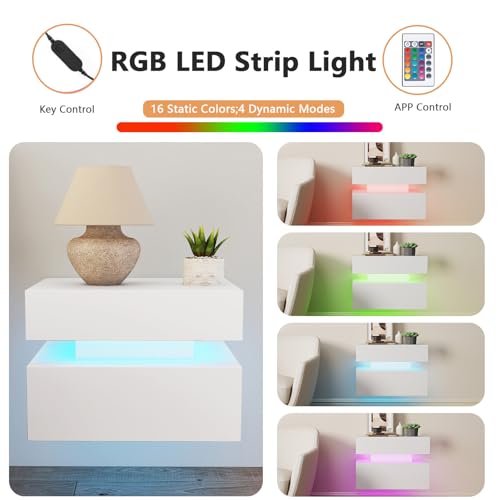 Floating Nightstand Set of 2,Modern Bedside Tables with LED Light for Bedroom,Small Night Stands with Drawers, Wall Mounted End SideTables Set for Living Room - color: White