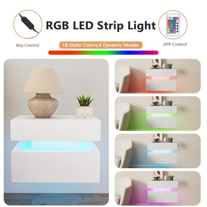 Floating Nightstand Set of 2,Modern Bedside Tables with LED Light for Bedroom,Small Night Stands with Drawers, Wall Mounted End SideTables Set for Living Room - color: White