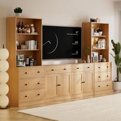 TUSY 71" Large TV Stand Set - TV Entertainment Center for TVs up to 65", Media Center with Tempered Glass Doors and Drawer, TV Hutch with Bookshelves for Living Room (Wood, BEEB) - color: Wood