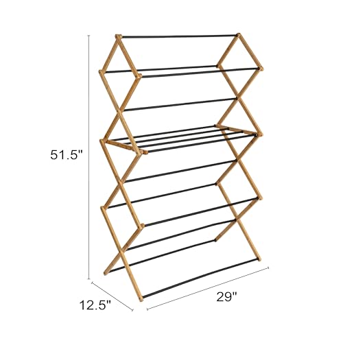Household Essentials Bamboo Folding Clothes Drying Rack | Large Capacity, 14 Coated Metal Dowels, 28 Feet of Drying Space | Eco-Friendly, Collapsible Indoor Rack for Apartments, Homes & Dorms - color: Natural/Black