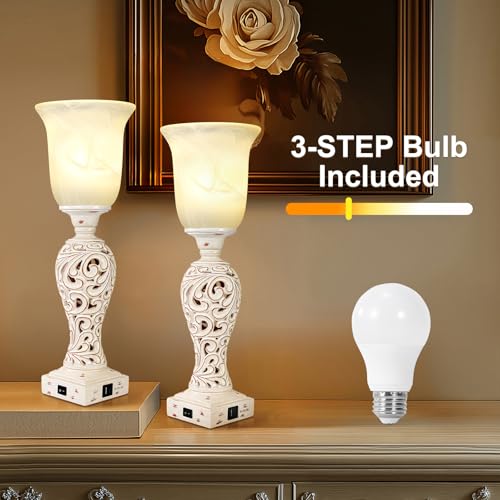 Bedside Table Lamps for Bedroom Set of 2, 3-Way Dimmable Nightstand Lamps | Uplight, 2 USB Charging Ports, 20" Vintage Desk Lamp with White Alabaster Glass Shade for Living Room Entryway, Bulb Included - color: Cream-Set of 2