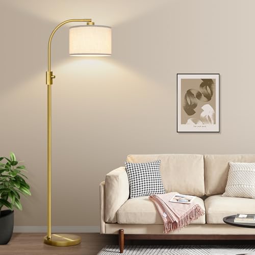 Nintiue Upgraded Modern Arc Dimmable Tall Standing Floor Lamp with Linen Shade, 1200 Lumens LED Bulb Included, for Living & Reading Room, Bedroom, Office & Nursery, Brass - color: Brass-Linen shade