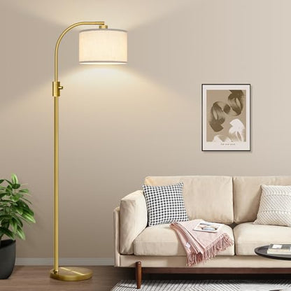 Nintiue Upgraded Modern Arc Dimmable Tall Standing Floor Lamp with Linen Shade, 1200 Lumens LED Bulb Included, for Living & Reading Room, Bedroom, Office & Nursery, Brass - color: Brass-Linen shade