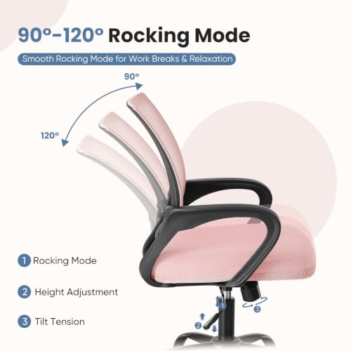 DUMOS Ergonomic Home Office Chair, Executive Mesh Desk Chair | Height Adjustable, Lumbar Support, Breathable Backrest, Fixed Armrest, Rolling Wheels, Computer Gaming, Meeting, New Pink - color: New Pink