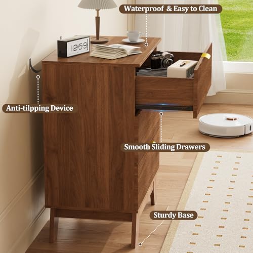 Fluted Nightstand with 3 Large Drawers, Wooden Side End Table with Elevated Legs for Easy Cleaning, Sturdy Modern Beside Table for Small Space, Bedroom, Walnut, 24" L - color: Walnut