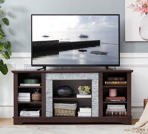 Cherry 58 Inch TV Stand for TVs up to 65 inch, Wood Entertainment Center with Faux Stacked Stone Surround and Open Storage, Media Console with 6 Cable Management Holes for Living Room - color: Cherry-a