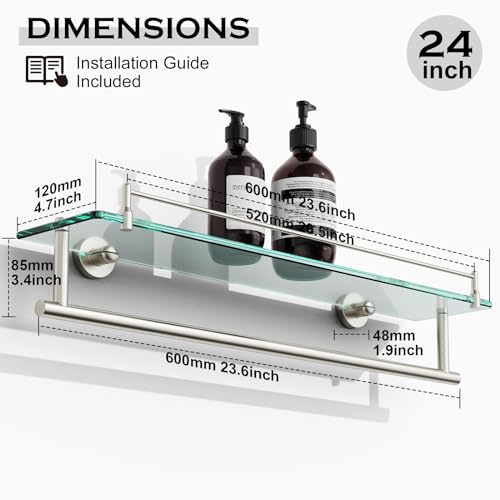 24-Inch Tempered Glass Bathroom Shelf with Towel Bar - Brushed Nickel Towel Holder Modern SUS304 Stainless Steel, Wall Mount Towel Hanger - color: Brushed Nickel, size: 24-inch with Railing