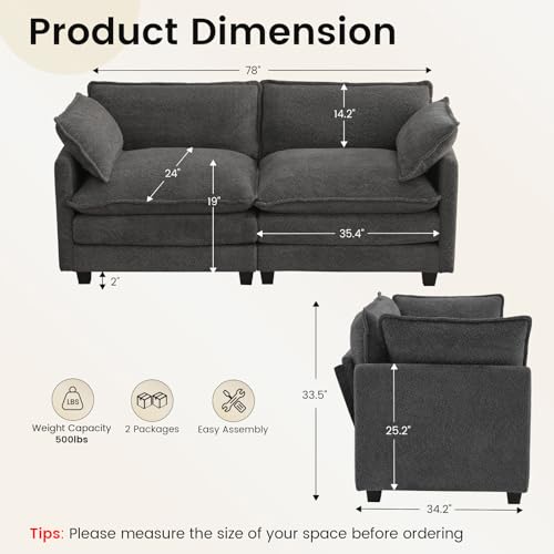 ROWHY 78" Cloud Loveseat Couch, Oversized Modern Modular Sectional Love Seat Couches, Comfy 2-Seater Deep Seat couches with 2 Throw Pillow for Small Spaces, Bedroom Apartment, Chenille Dark Grey | Breathable Fabric - color: Chenille Dark Grey, size: 2 Sea