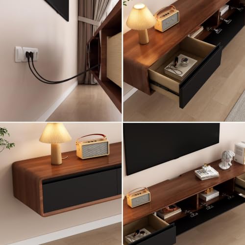 Floating TV Stand, Modern Wall-Mounted Entertainment Center with 1 Flip-Down Cabinet Doors 2 Drawers, Solid Wood Media Console (Walnut/Black, 63") - color: Walnut Black, size: 63"