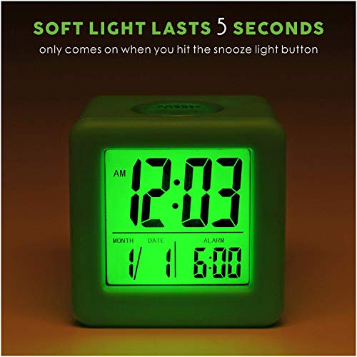 Plumeet Digital Alarm Clock Kids with Snooze and Nightlight - Easy Setting Silicone Clock Display Time, Date - Loud Alarm Clock for Bedroom - Battery Powered (Green) - color: Green