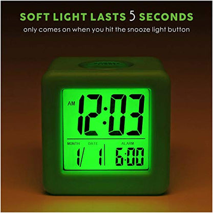 Plumeet Digital Alarm Clock Kids with Snooze and Nightlight - Easy Setting Silicone Clock Display Time, Date - Loud Alarm Clock for Bedroom - Battery Powered (Green) - color: Green