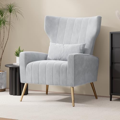 Nebuaegis Velvet Accent Chair Wingback for Living Room, High Back Arm Chair with Golden Legs Lumbar Pillow, Upholstered Single Sofa Bedroom Light Grey - color: Light Gray, size: Set of 1