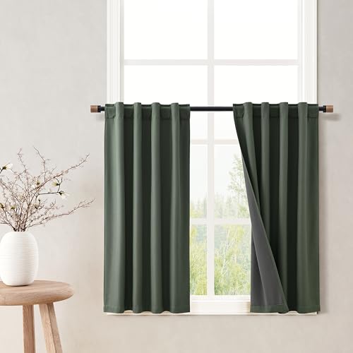 100% Blackout Kitchen Linen Curtains Back Tab Pleated Small Drape 36 Inch Length Privacy Thermal Insulated Elegant Mini Cafe Curtain for Rustic Farmhouse Bathroom Bedroom Olive Green 26x36 - color: Olive Green, size: 26"W x 36"L (Pack of 2)