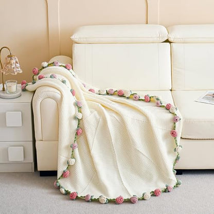 Crochet Flower Bouquet Throw Blanket, Handmade Knitted Blanket with Rose Flowers, Cute Romantic Gift for Her Girlfriend Mom Mother’s Day Valentine Wedding Anniversary Birthday, Pink and White - color: Rose Pink, size: 60 Inches