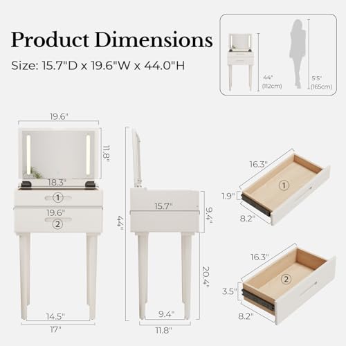 Solid Wood Small Vanity Desk with Mirror and Lights, Narrow Makeup Vanity for Small Space, Flip Top Vanity Side Table, 3 Color Modes & Adjustable Brightness, 19.6" Slim Dressing Table, White - color: White, size: 19.6" Wide