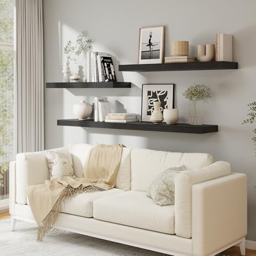 40 Inch Floating Shelves, 12'' Deep Black Shelves for Wall Set of 2 | Invisible Brackets, Engineered Wood, Mounting Hardware Included, 55LBS, Bathroom, Laundry Room, Kitchen, Living Room - color: Black, size: 40W x 11.6D x 2H, 2 Pack