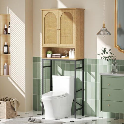 Rattan Toilet Storage Cabinet, Over the Rack Wood Cabinet with Metal Stand, Bathroom Organizer with Adjustable Shelf, Tall Freestanding Washer Shelf, Small Cupboard, Space Saver, Natural style - color: Rattan Door-natural