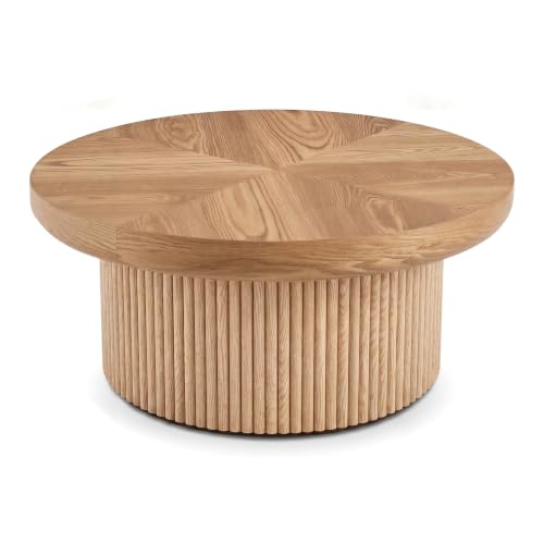 33.5" Round Coffee Table with Real Wood Parquet Top,Natural | Mid-Century Modern Tea Table Center Table, Thickened Tabletop, Sturdy Base for living Room, Easy Assembly - color: E-33.5" Natural